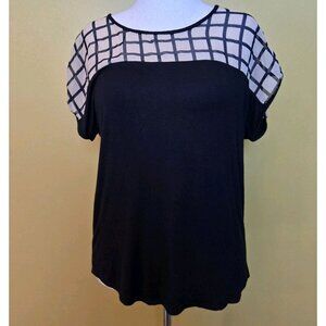 VTG Carol Rose Black Tan Semi-Sheer Chiffon Checkerboard Blouse Top‎ Large Rayon